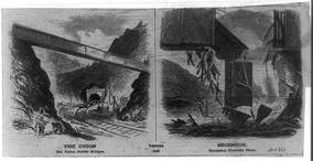cartoon of two bridges, one broken. Caption reads: the Union builds bridges, Secession destroys them