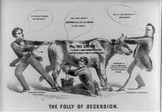 cartoon of two men fighting over a cow. caption: the folly of secession