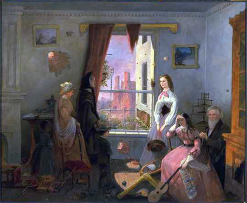 painting of civilians returning to a ruined home