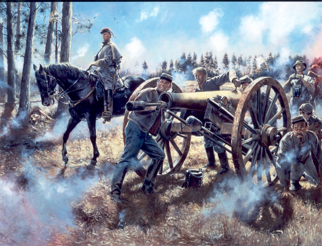 painting of Confederate artillery crew in action