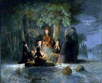painting of civilian refugees huddled around a campfire